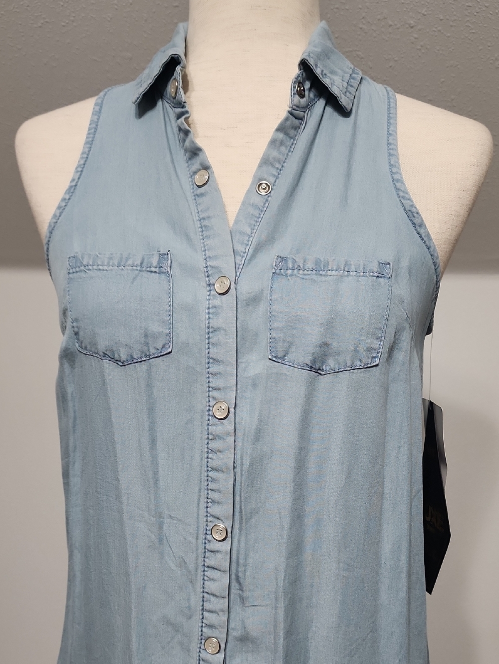YMI Light Blue Sleeveless Luxe Denim-Style Button Dress